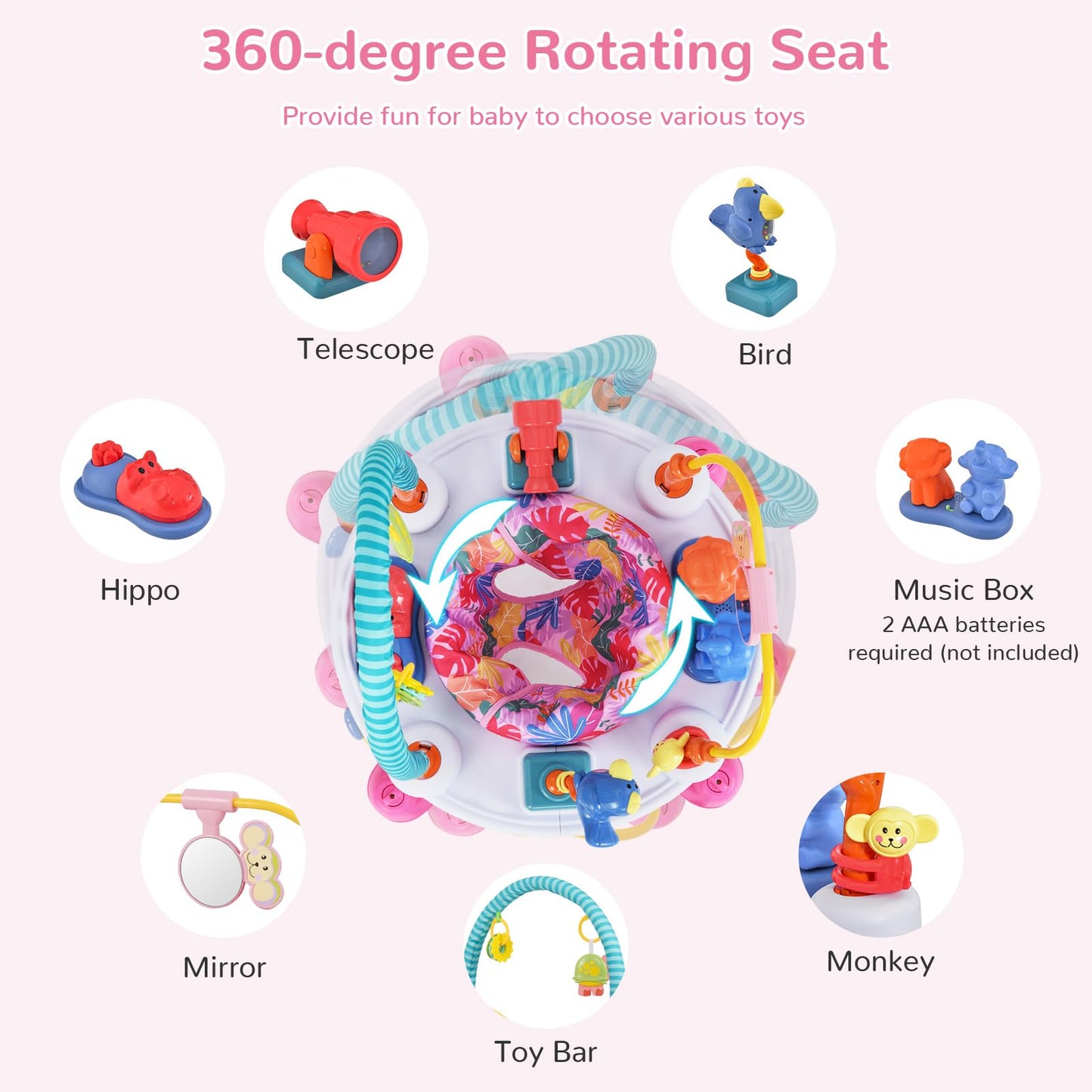 INFANS Baby Bouncer Activity Center, 5 in 1 Toddler Bouncing Activity Saucer Playtime Mat Activity Table with 360°Rotating Seat, 3 Adjustable Height, Foldable Exersaucer Learning Walker (Pink)