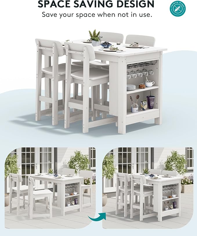 SERWALL 8-Piece HDPE Counter Height Dining Table Sets with Storage and Wine Rack, 2 Rectangular Bar Table with Bar Stools Set of 6 for Garden, Backyard, Kitchen, White