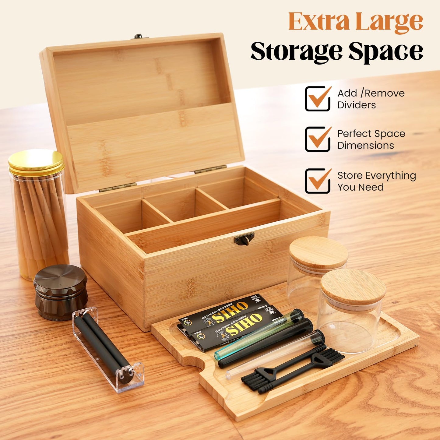 Coozyupper Large Bamboo Storage Box with Removable Tray Kit - Decorative Box Set, Glass Jars, and Accessories Wooden Storage Kit and Accessories Tool.Birthday Gifts