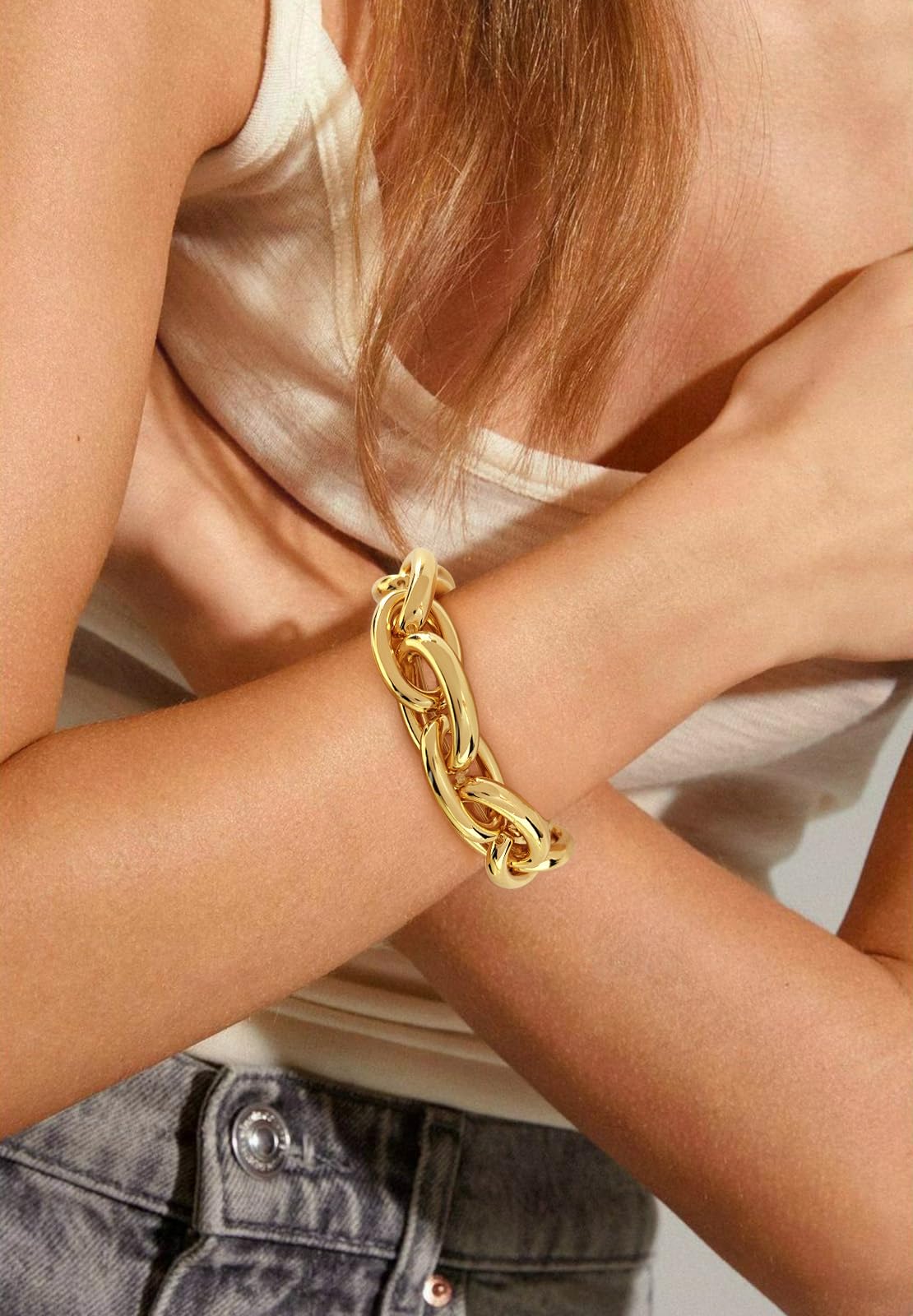 WOWORAMA Chunky Link Bracelet for Women Elastic Stretch Link Chain Bracelets Thick Chunky Chain Bracelet Adjustable Bold Statement Bracelets
