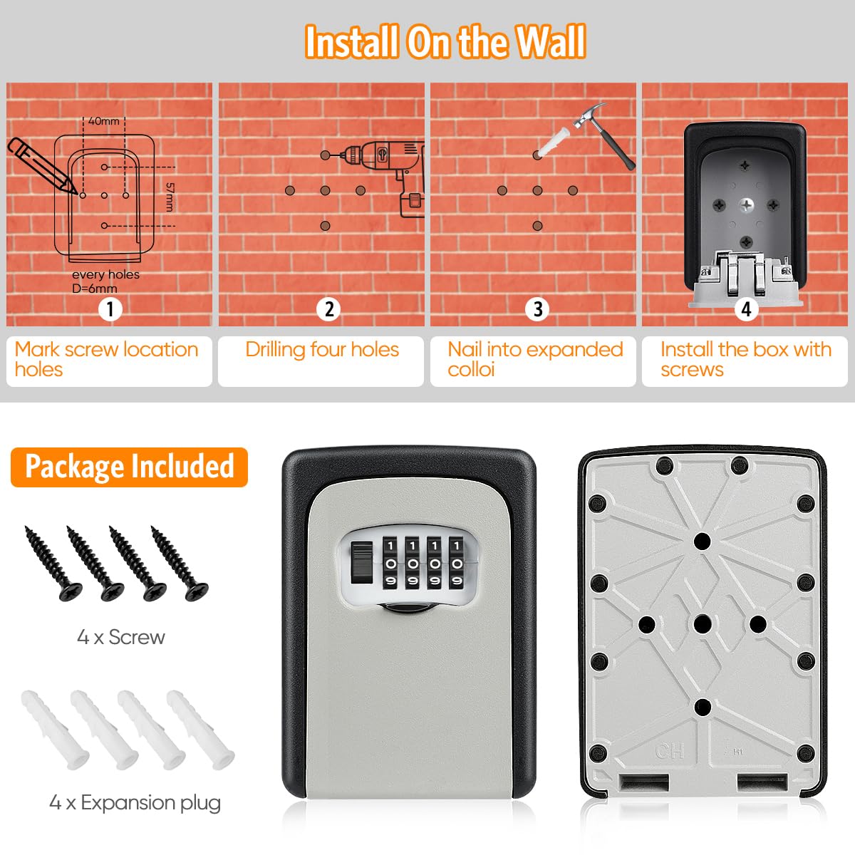 Key Lock Box Wall Mounted, Fayleeko 4 Digit Combination Lockbox for Outside, House Keys - 5 Keys Capacity, Key Safe Security Storage Lock Box for Indoor, Outdoor, Garage, Garden, Store (Grey, 1Pack)
