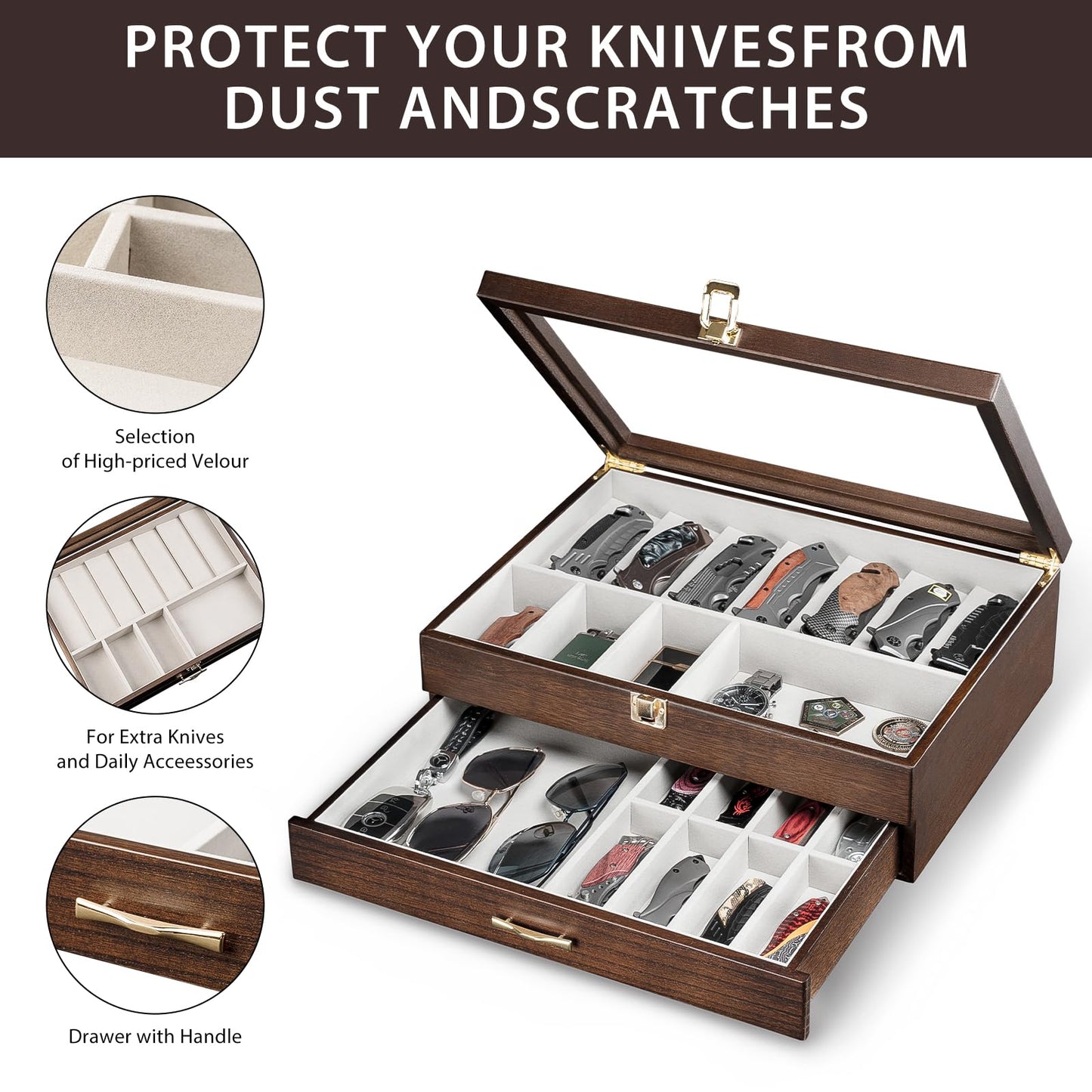Emfogo Pocket Knife Display Case for Collection of 18-24 Folding Knives, Pocket Case with Real Glass Window Top, Two-Tier Knife Organizer Storage Box, Men's Gift (Walnut)