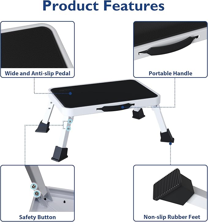 BONTEC Foldable Step Stool, Step Stool with Non-Slip Platform, Step Ladder with Thick Rubber Feet, 330lbs Capacity, Ideal for Adults and Children in Kitchen, Bedroom, Office, RV, White