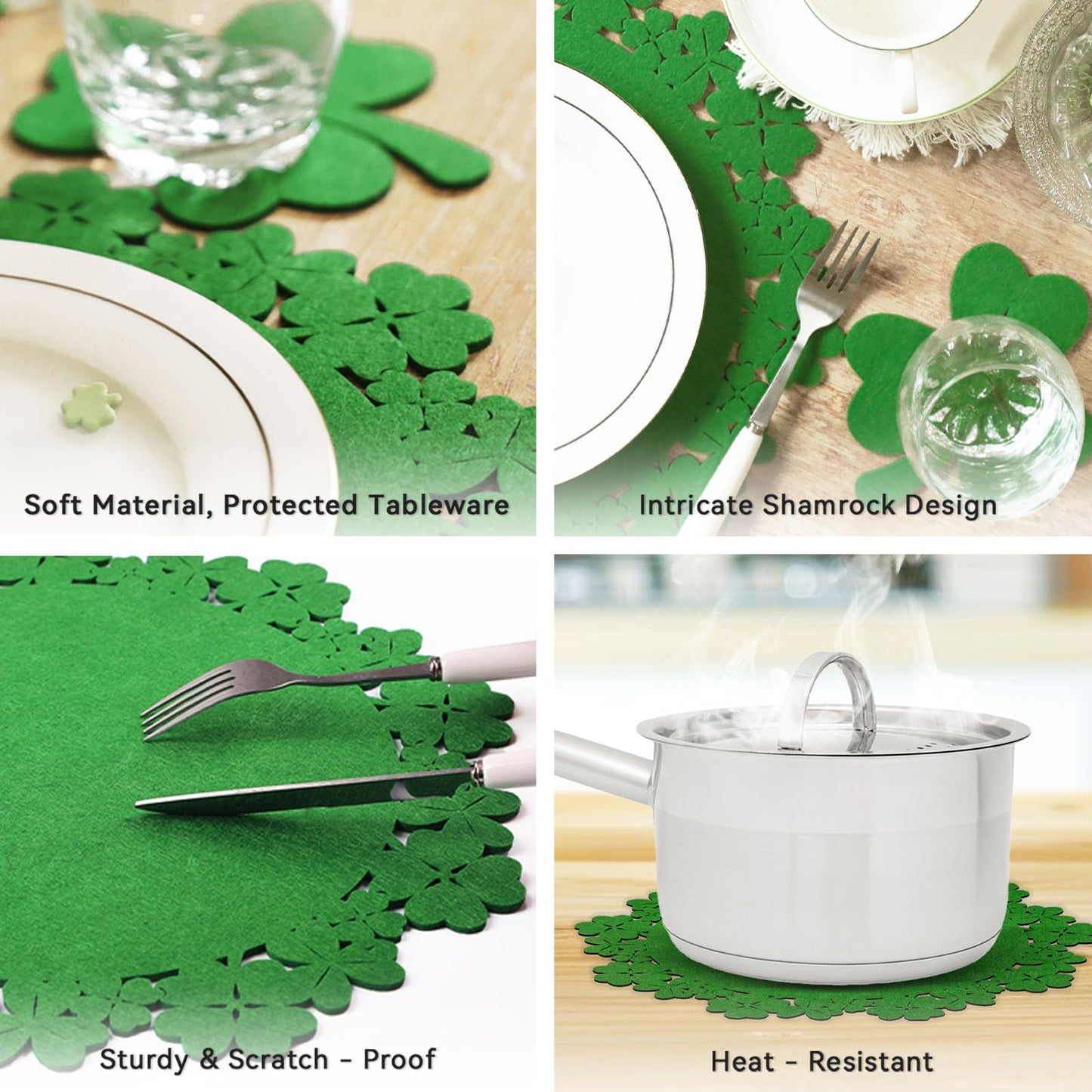 Noctiflorous St. Patrick’s Day Shamrock Green Round Felt Placemats with Coasters Set of 6 Table Decoration Durable Heat-Resistant Non-Slip Washable Place Mats Indoor Outdoor Kitchen Dining Table Mats