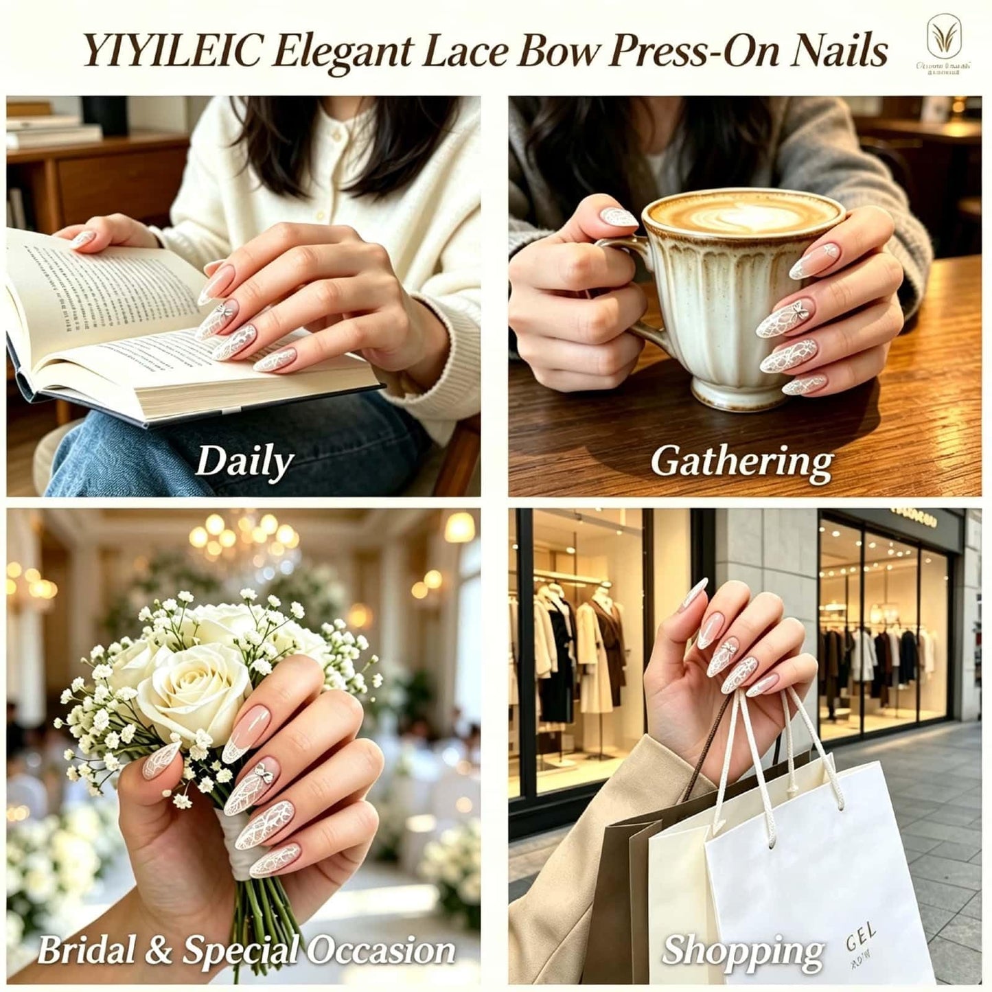 Lace Bow Press On Nails Almond Medium Fake Nails with Rhinestone Bow Design Glossy White Glue on Nails Spring Summer Reusable Artificial Nail Full Cover Stick on Nails for Women 24Pcs