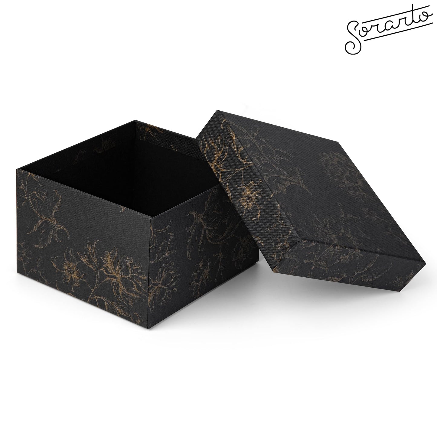 Sorarto Square Gift Boxes with Lids 4pc Set | Black Gold Floral Nesting Gift Boxes for Presents Birthday Wedding Bridesmaid Christmas