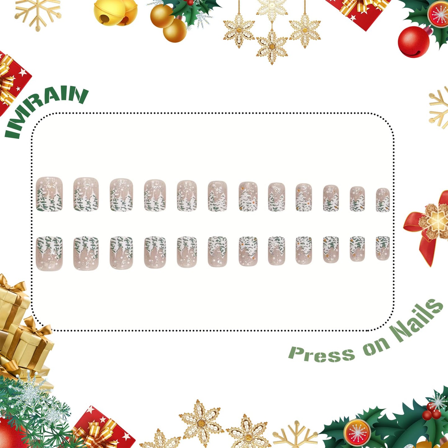 IMRAIN Christmas Press on Nails Short Square Fake Nails Glossy Glue on Nails Full Cover Artificial Christmas Tree Designs Nude Cute Gel False Nails for Women Girls 24Pcs