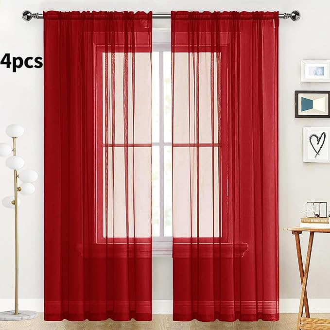 SpaceDresser Christmas Red Sheer Curtains 4 Panels Rod Pocket Semi-Sheer Curtain 54 Inches Long Light Filtering Voile Window Drapes for Bedroom Living Room Kitchen, Each 52W x54L