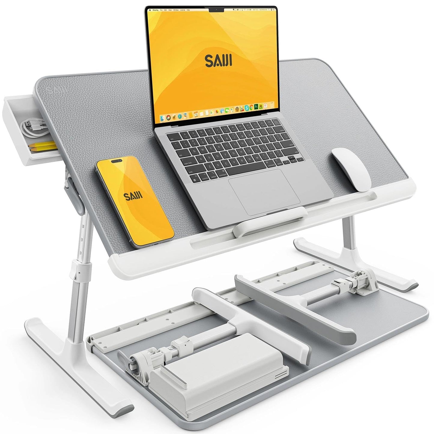 SAIJI Laptop Bed Tray Table - 23.6" x 13" Adjustable Portable Standing Desk with Storage Drawer, Foldable Lap Desk Fits 17" Laptop, PVC Leather for Couch Sofa (Gray)