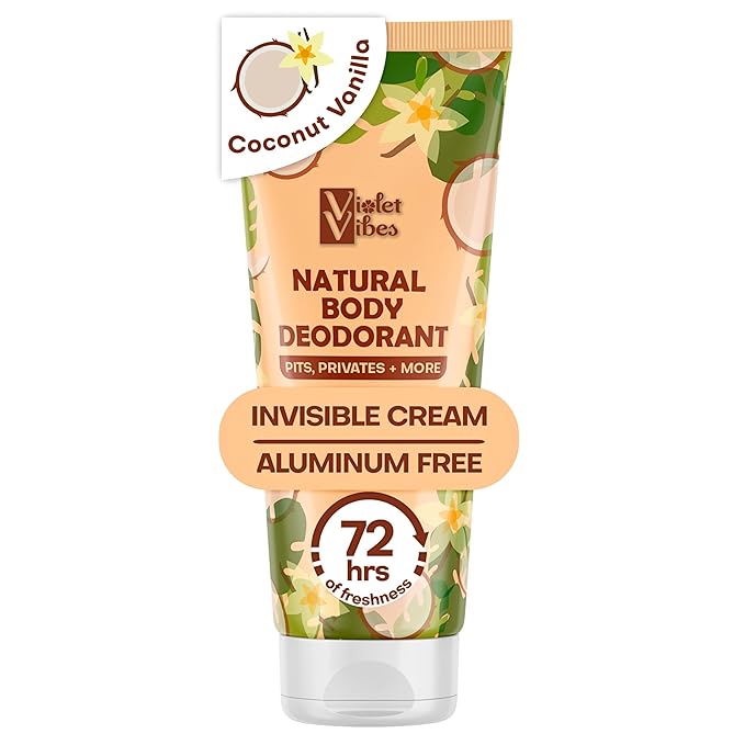 Violet Vibes Deodorant Cream for Women | Hypoallergenic & Gentle On Skin | Noni Leaf Extract, Aluminum-Free, Sensitive Skin, Fresh Odor Control for Whole Body 100mL (3.4 fl oz.) (Coconut Vanilla)
