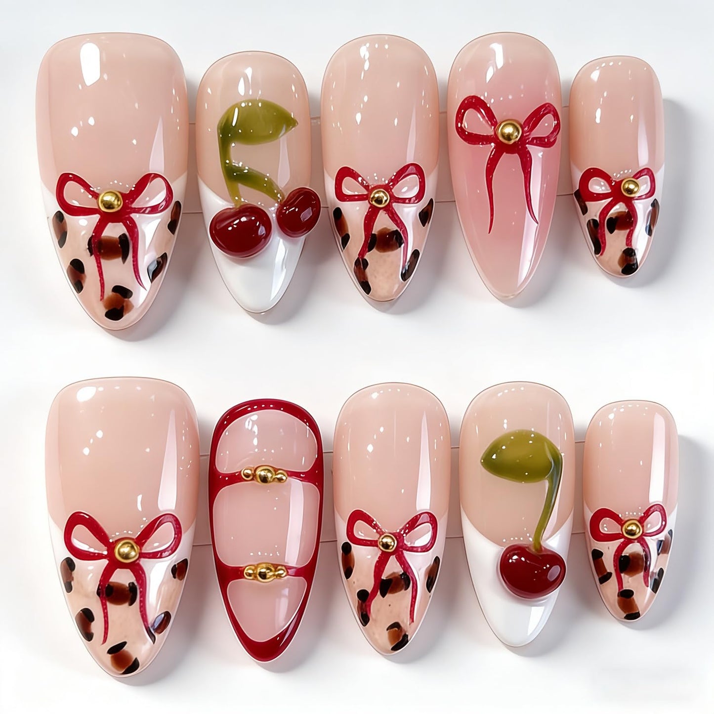 Luxury Press on Nails Medium Almond Handmade 3D Unique Reusable Fake Nails French Tip False Nails with Bow Cherry Designs Nude Leopard Print Glossy Glue on Nail Thick Acrylic Nail for Women10Pcs（S)