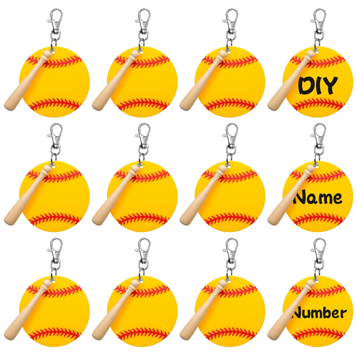Cunno 36 Pcs Basketball Baseball Softball Tennis Acrylic Keychain Blank Kit 12 Acrylic Keyring 12 Swivel Snap Hook Keychain(Yellow Baseball, 3 Inch)