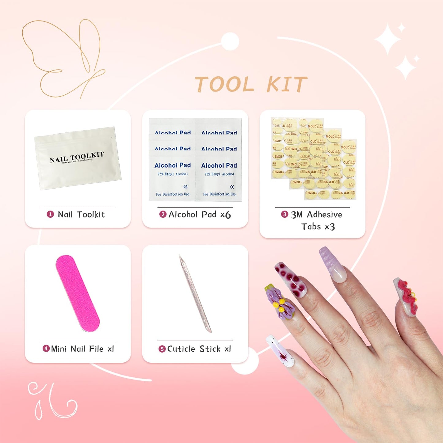 Vanpaga Flower Press on Nails Handmade Medium Long Square Muti-Layer Gel Fake Nails Gradient Floral 3D Waterdrop Pattern Design Multicolor Thick False Nails Acrylic Nails for Women