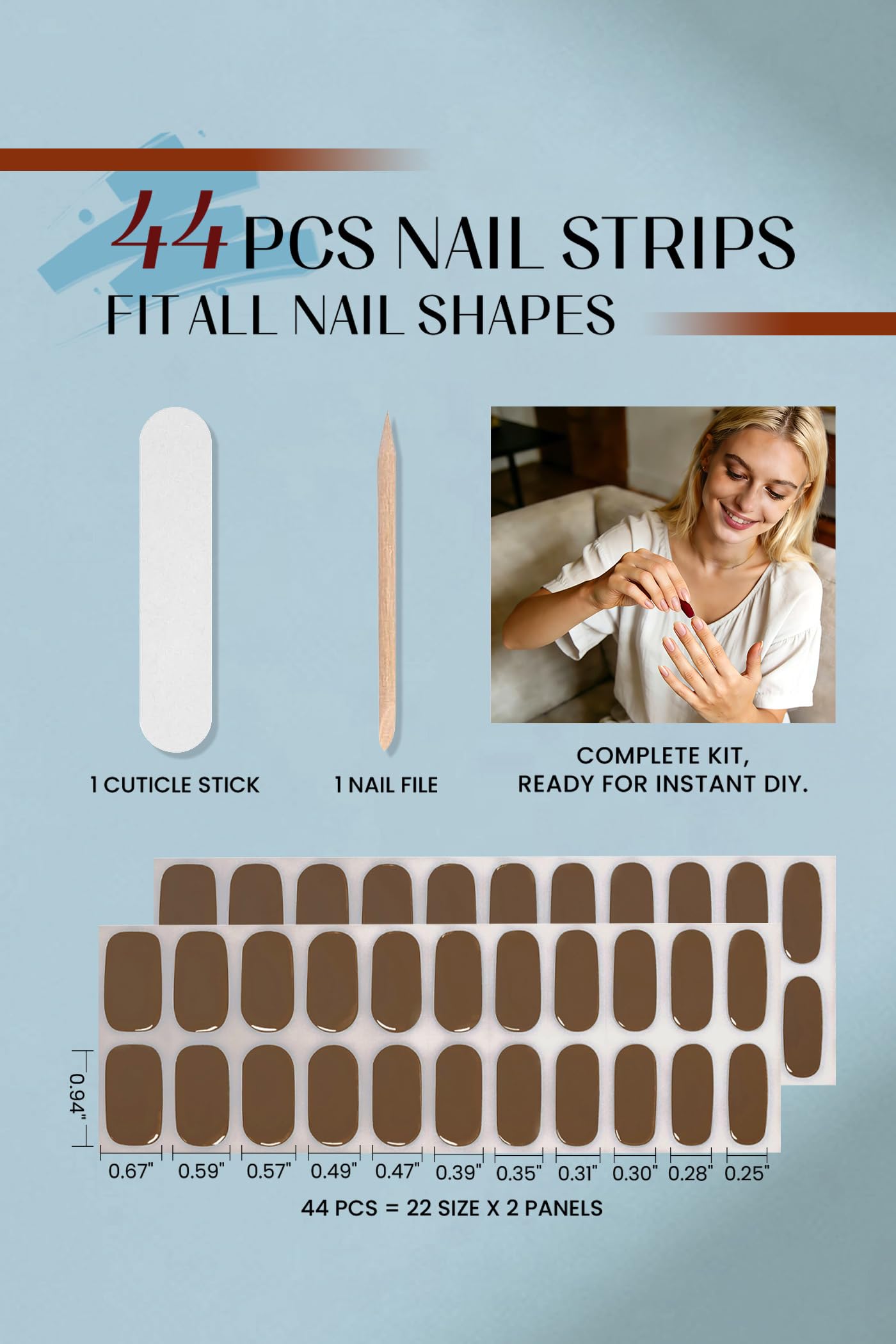 Gel Nail Strips 44Pcs, No UV/LED Lamps Needed, Pre-Cured Nail Stickers for Women Salon Quality, Polish Wraps Long Lasting, Easy Apply & Remove (Brown)