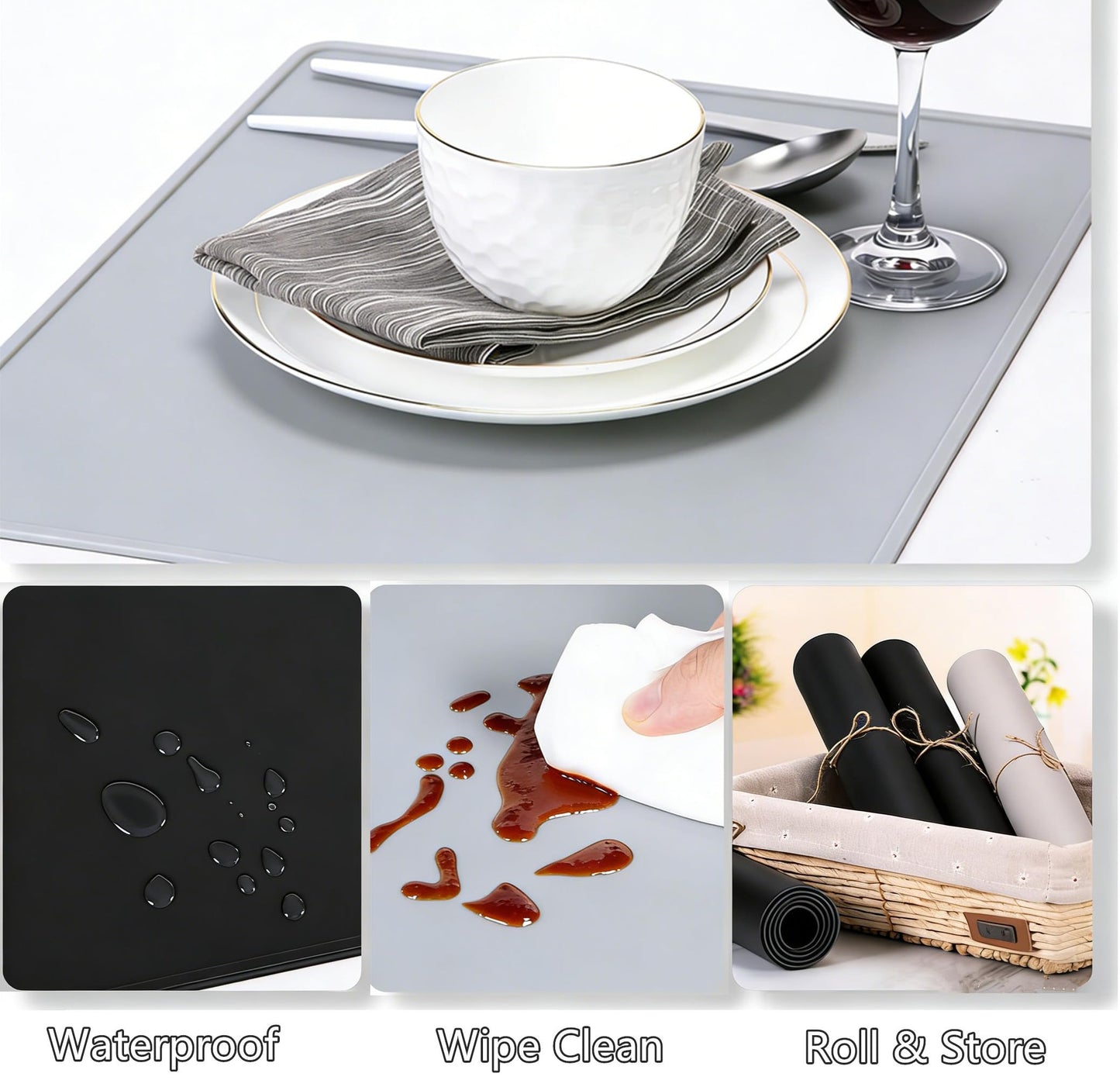 IYYI Silicone Placemats, Dining Placemats Set of 4, Waterproof Placemats for Kids, Heat Resistant Non-Slip Silicone Mats for Dinner Table, Dishwasher Safe (Light Gray, 18.9×11.8)