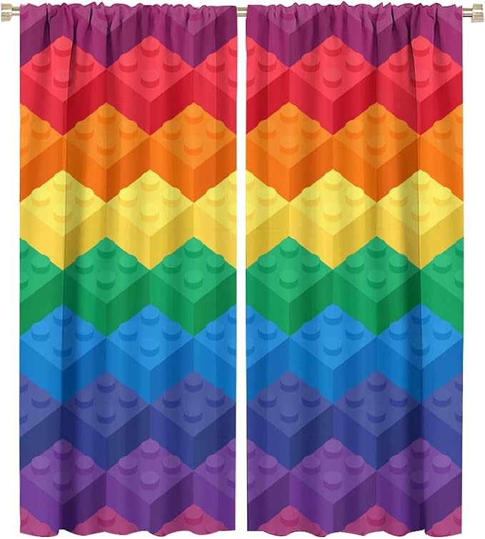Colorful Building Blocks Cartoon Toy Printed Curtains, Bedroom, Living Room, Architecture, Curtains, Fun Brick 3D Design Curtains, Children's Living Room, Window Treatment Panels 2 Panels 42x54in