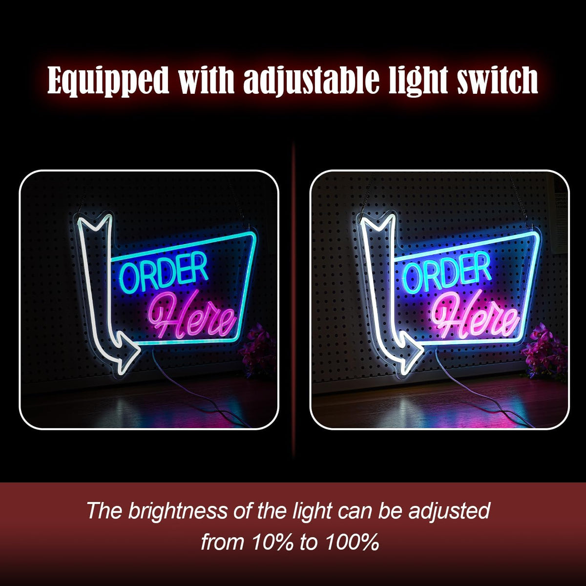 Order Here Neon Sign Led letters Sign Dimmable Order Neon Light for Wall Decor Larger Order Here Light Up Sign for Restaurant Shop Bar Business Neon Decor(16.1 * 12.6 In)