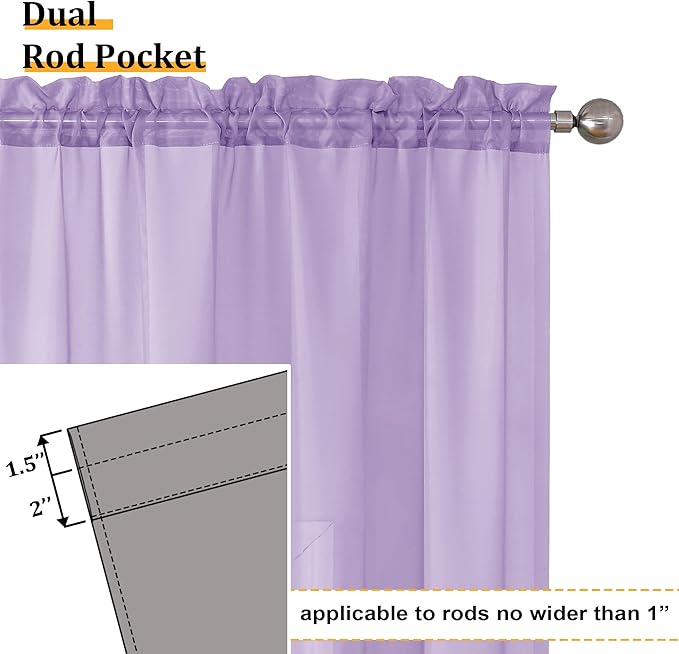 Aiyufeng Light Purple Sheer Curtain Panels Pair Sold 90 Inch Length, Light Filtering Window Curtain Drapes Treatment for Kitchen, Bedroom/Children Room, Voile Top Dual Rod Pocket, 2 Pack of 42 x 90"