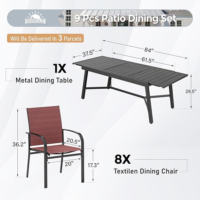 9 Piece Patio Dining Set for 8, Rectangular Extendable Dining Table, 8 Metal Red Chairs, Outdoor Table and Chairs Set for Lawn Backyard and Deck