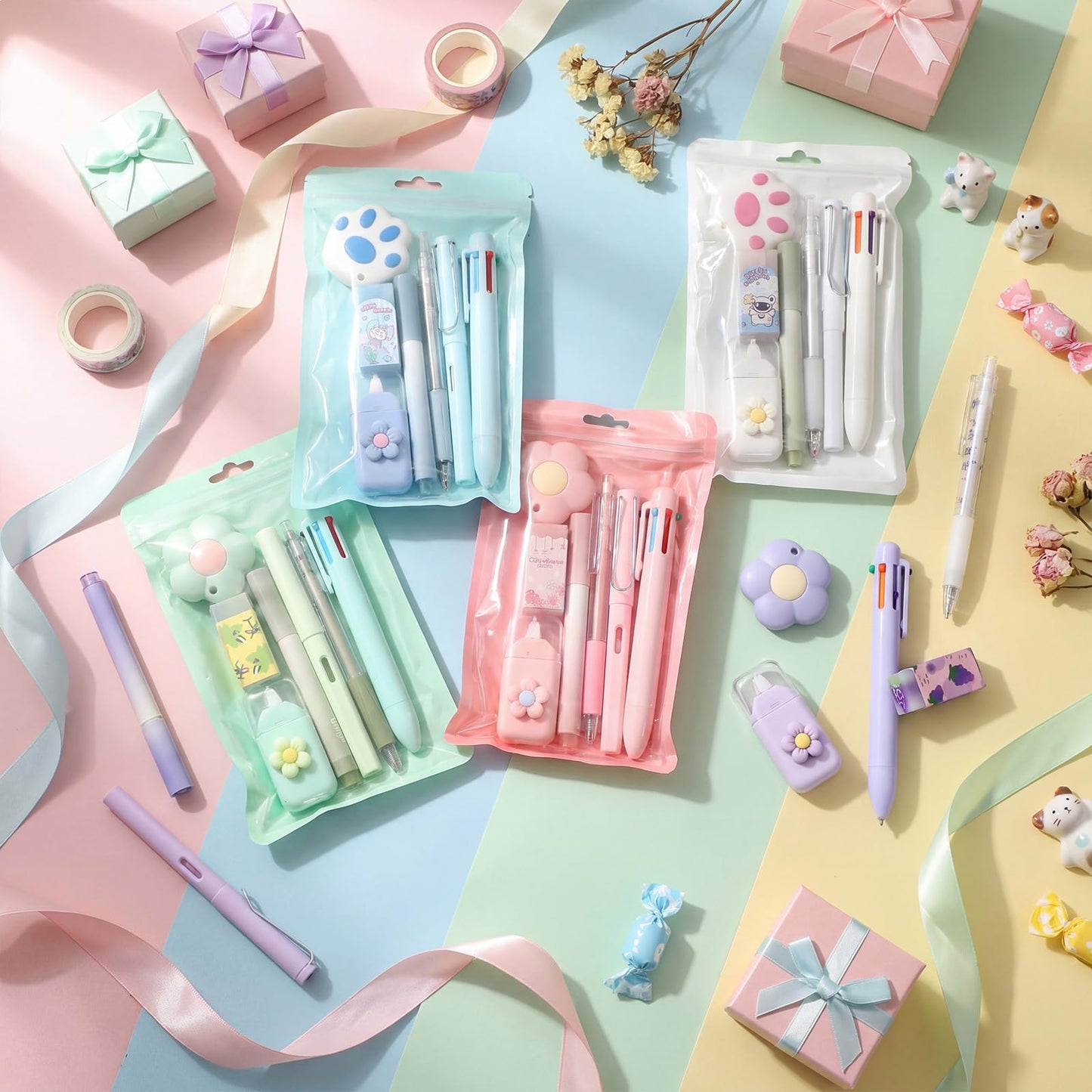 Sayglossy 5 Sets 7 Pcs Kawaii Stationery Set Cute Stationery Mini Office Supply Kit Cute School Supplies Including Ballpoint Pens Pencil Sharpener Highlighter Correction Tape Ruler Utility Knife