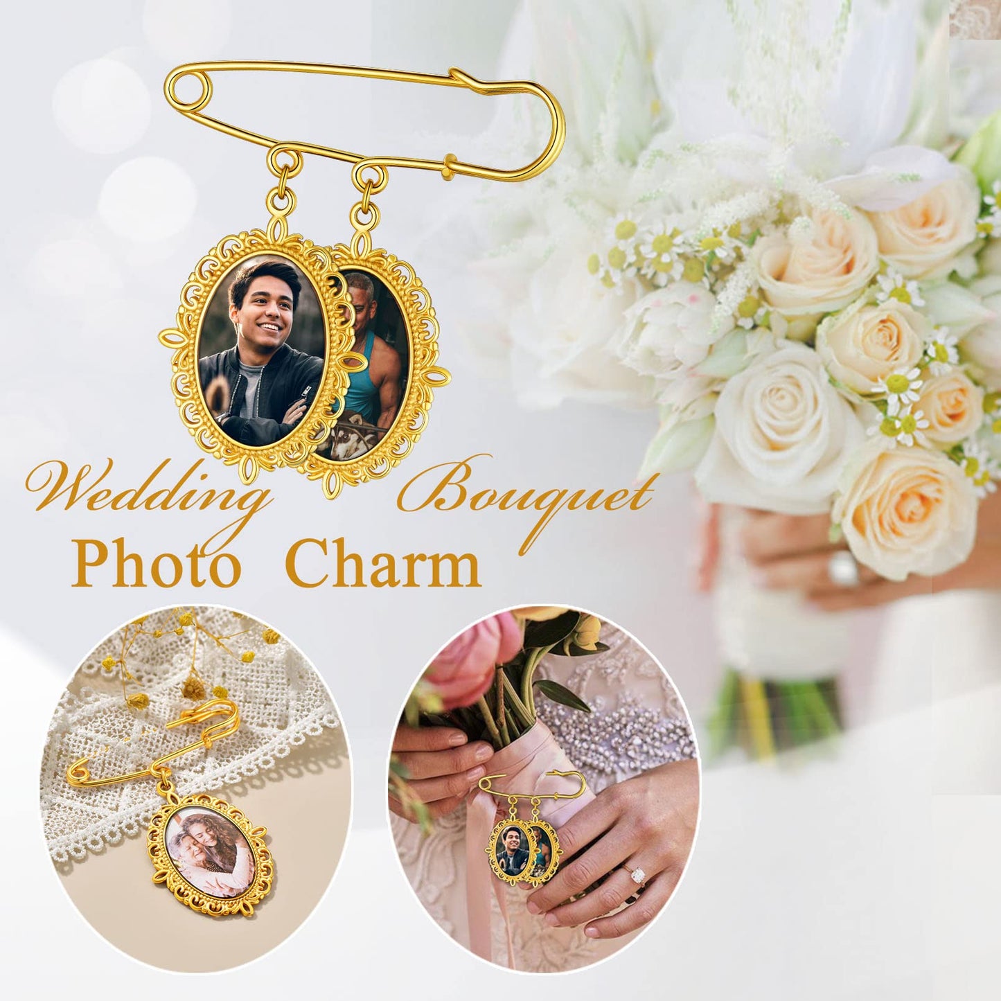 Custom4U Memorial Charm for Wedding Bouquet Oval Shaped Memory Charms Brooch Pins Funeral Boutonniere with 2 Pictures Engraved