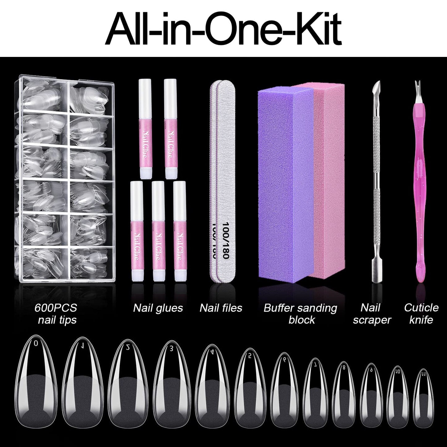 Almond Nail Tips, MORGLES 600Pcs Long-Lasting Soft Gel Nail Tips Medium Full Cover, 12 Sizes with Glue, Files and Cuticle Fork