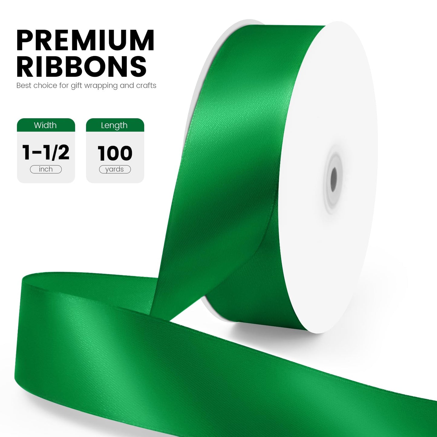 Quhora 1-1/2" x 100 Yards Satin Ribbon - Wide Silk Green Ribbon with Spool - Ideal for Gift Wrapping, Floral Bouquets, Crafts, Wedding Party Decorations, Christmas and Sewing Projects