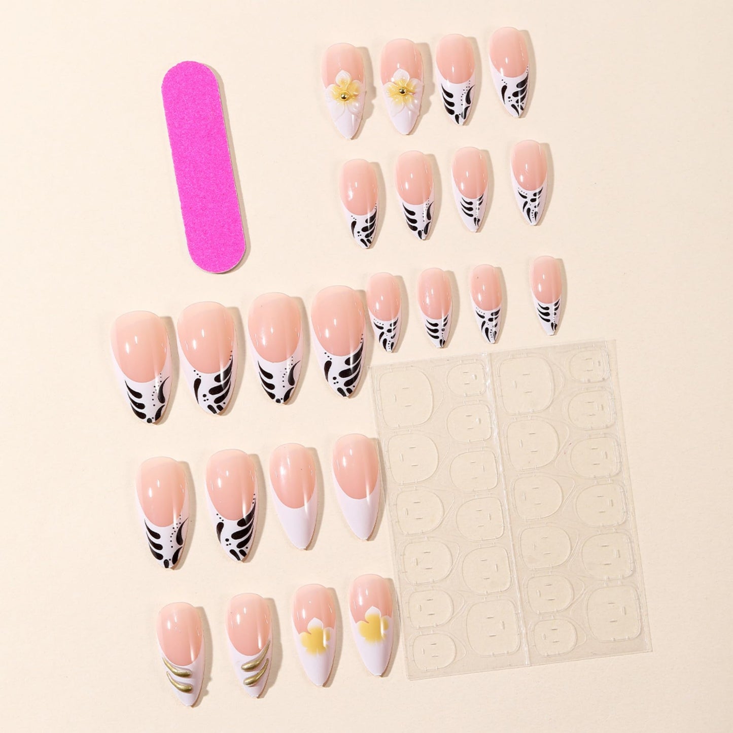 octoswave Press on Nails Long Almond Fake Nails French Artificial Nail with Flowers Stick on Nail for Women 24pcs