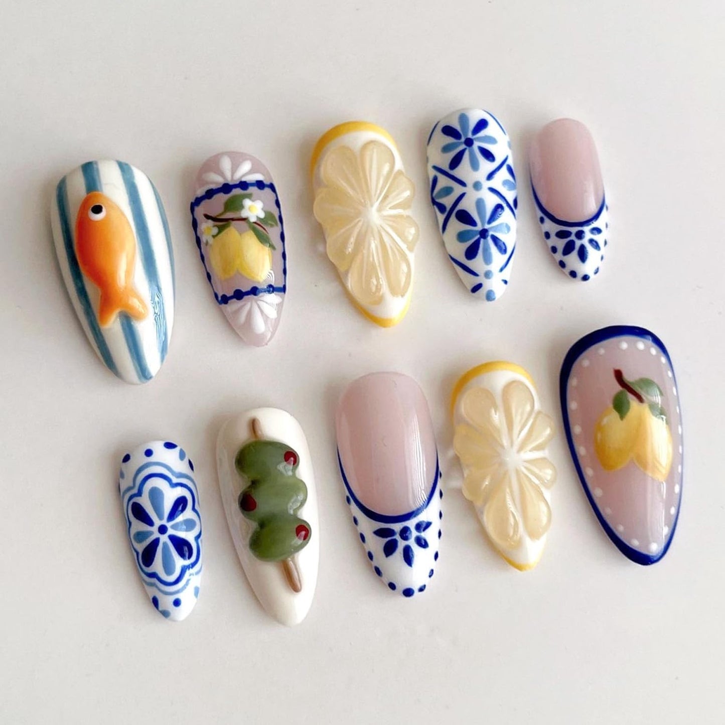 24Pcs Summer Press on Nails Medium Almond Fake Nails Bohemia French Tip Press Ons Design 3D Cute Fish Lemon False Nails Summer Fruit Full Cover Glue on Nails Cute Stick on Nails for Women Acrylic