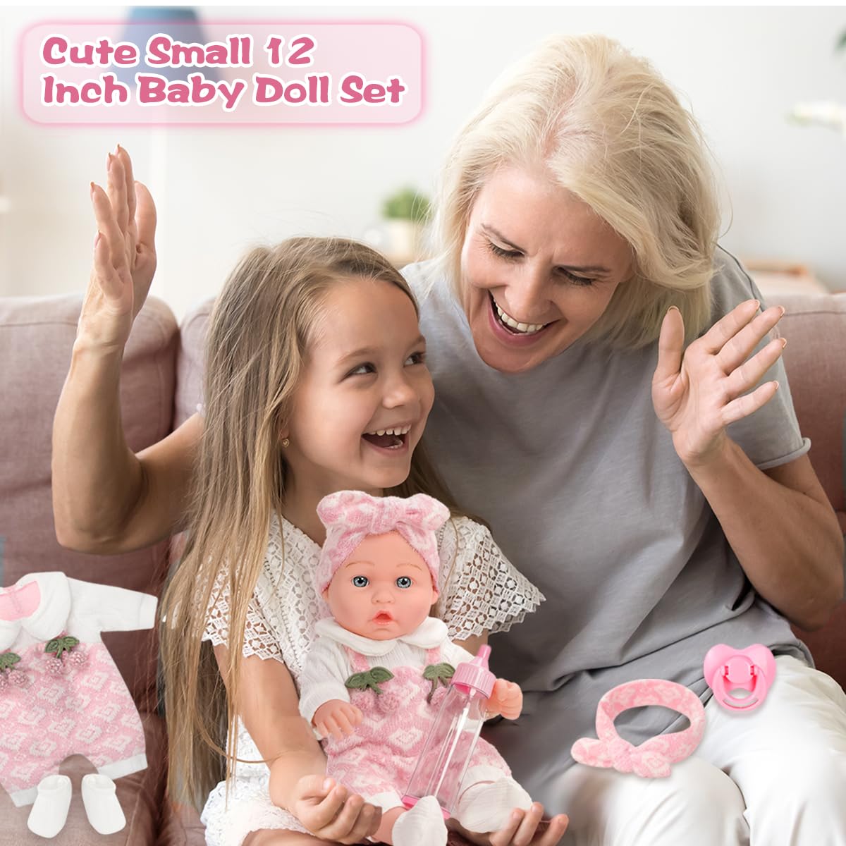 ZNTWEI 12'' Baby Doll Playset in Gift Box with Pink Cherry Pattern Clothes Accessories,Pacifier,Feeding Bottle.First Baby Dolls for Toddlers 3+ and Up