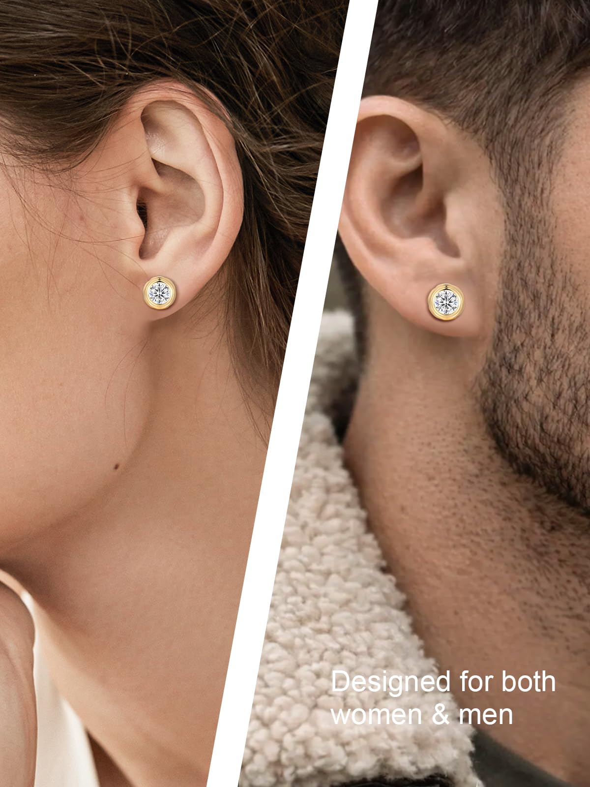 Hypoallergenic Silver Studs Gold Plated Bezel Earrings for Women Comfy Round Zirconia Earrings