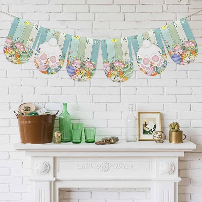 Cute Easter Bunny Banner 3Pcs Indoor Outdoor Hanging Banner Flag Eucalyptus Leaves Colorful Eggs Wooden Sign for Fireplace Mantel Decorative Bunting Garland Valance for Shop Door Decor 9.8"x15.8"