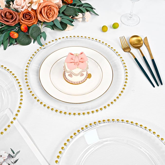 24 PCS Clear Round Charger Plates with Beaded Rim, 13 Inch Plastic Acrylic Plate, Plastic Round Beaded Dinner Decorative Service Plates for Wedding Party Event, Home Kitchen Tabletop(Gold)