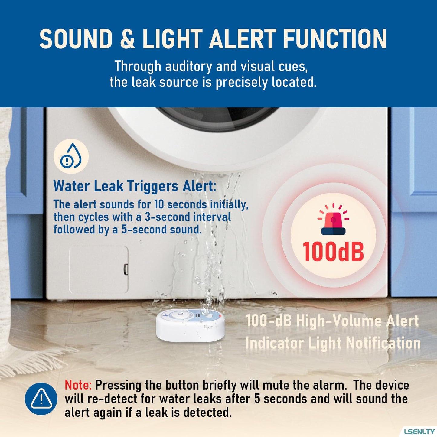LSENTLY Water Leak Detector Supports 5 Years Standby Time, LED Indicator & 100dB Leak Alarm & Low Battery Reminder Water Alarm, IP66 Waterproof for Home, 3 Pack (Cannot Connect Wi-Fi)