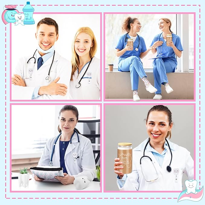 Pickmesh 6 Pcs Dental Gifts Nurse Assistant Hygienist Gifts 16 oz Glass Cups with Lid Makeup Bag Smiling Tooth Shape Felt Badge Holder Ceramic Pen Toothbrush Pot for Women Coworkers(White)