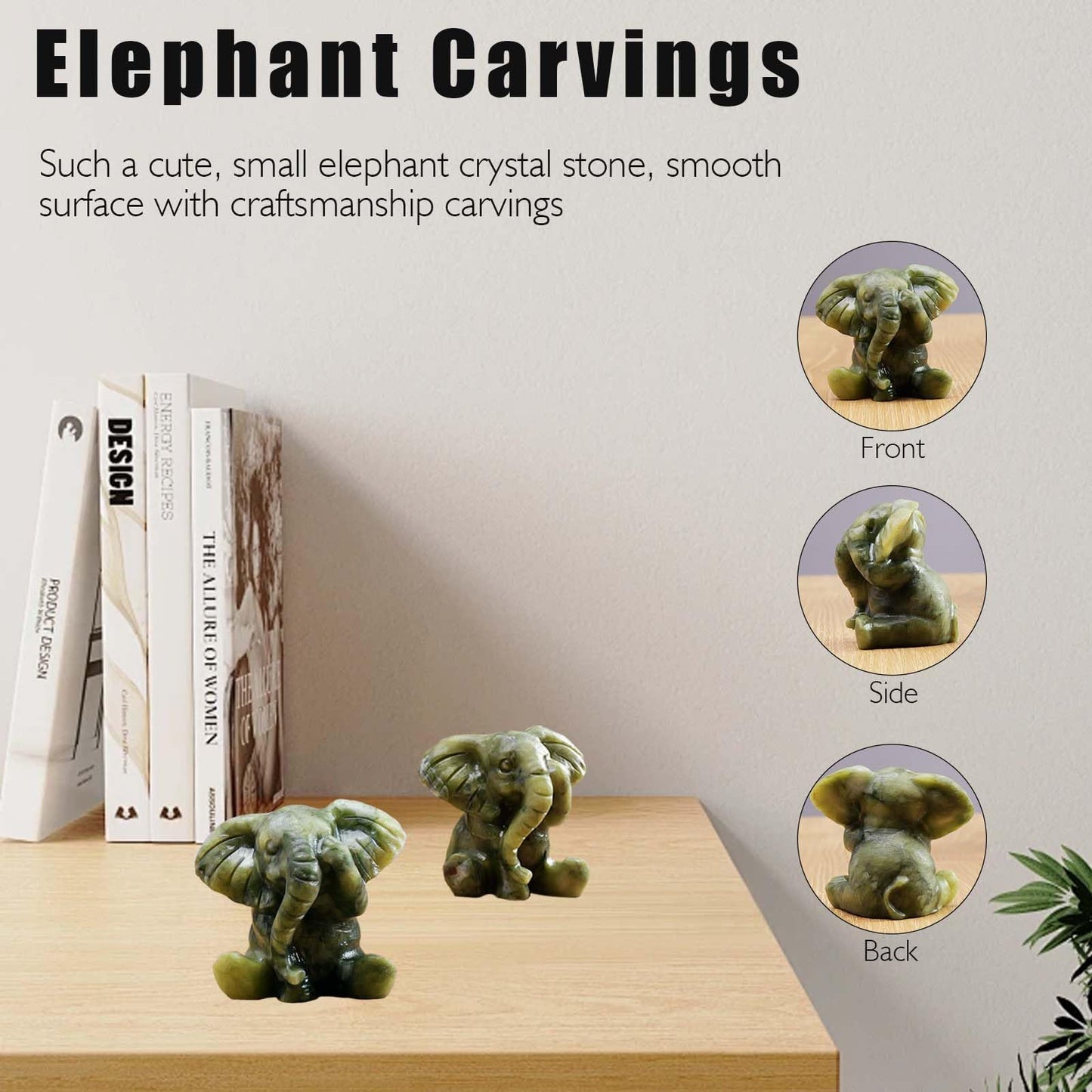 Apengshi Natural Crystal Figurine Elephant Raw Stone Jade Cute Figurine, Decorative Animal Statue (Cute Elephant)