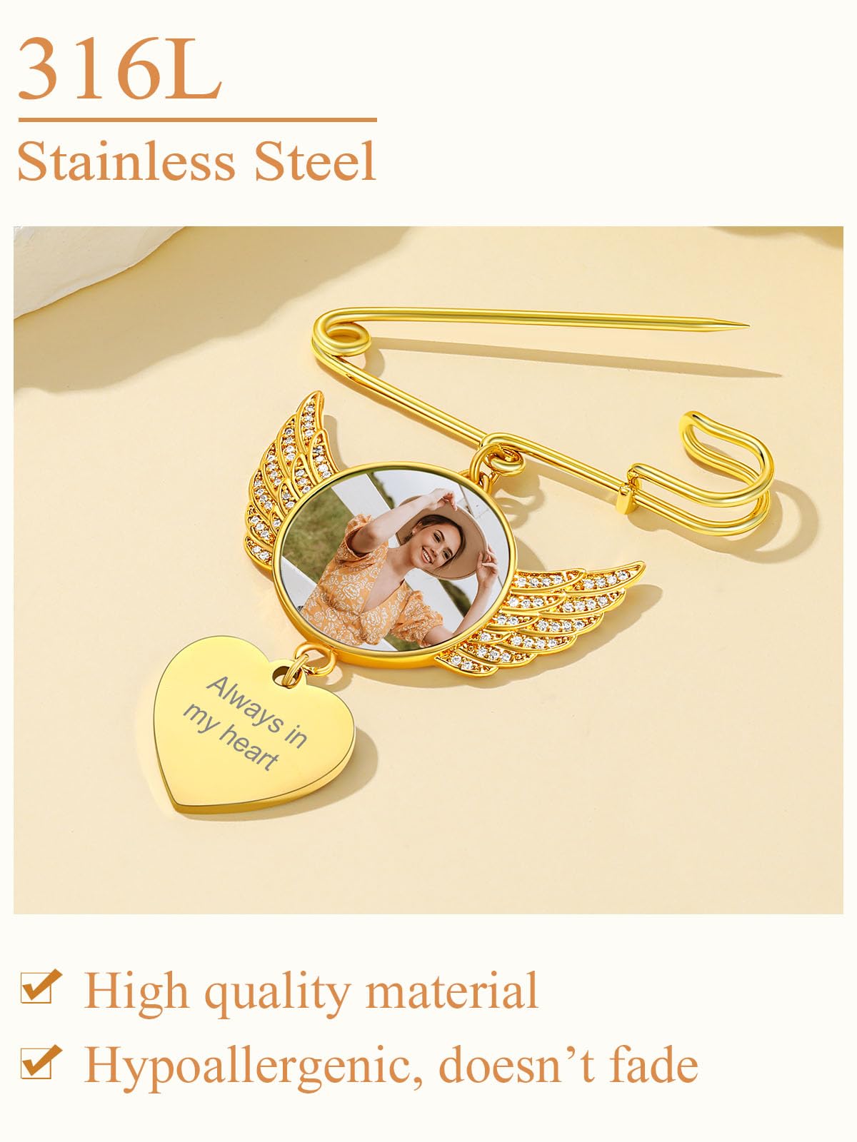 Custom4U Angel Wings Customizable Photo Pins with Name Engraving, Wedding Bouquet Brooch for Bride Groom Mother Father