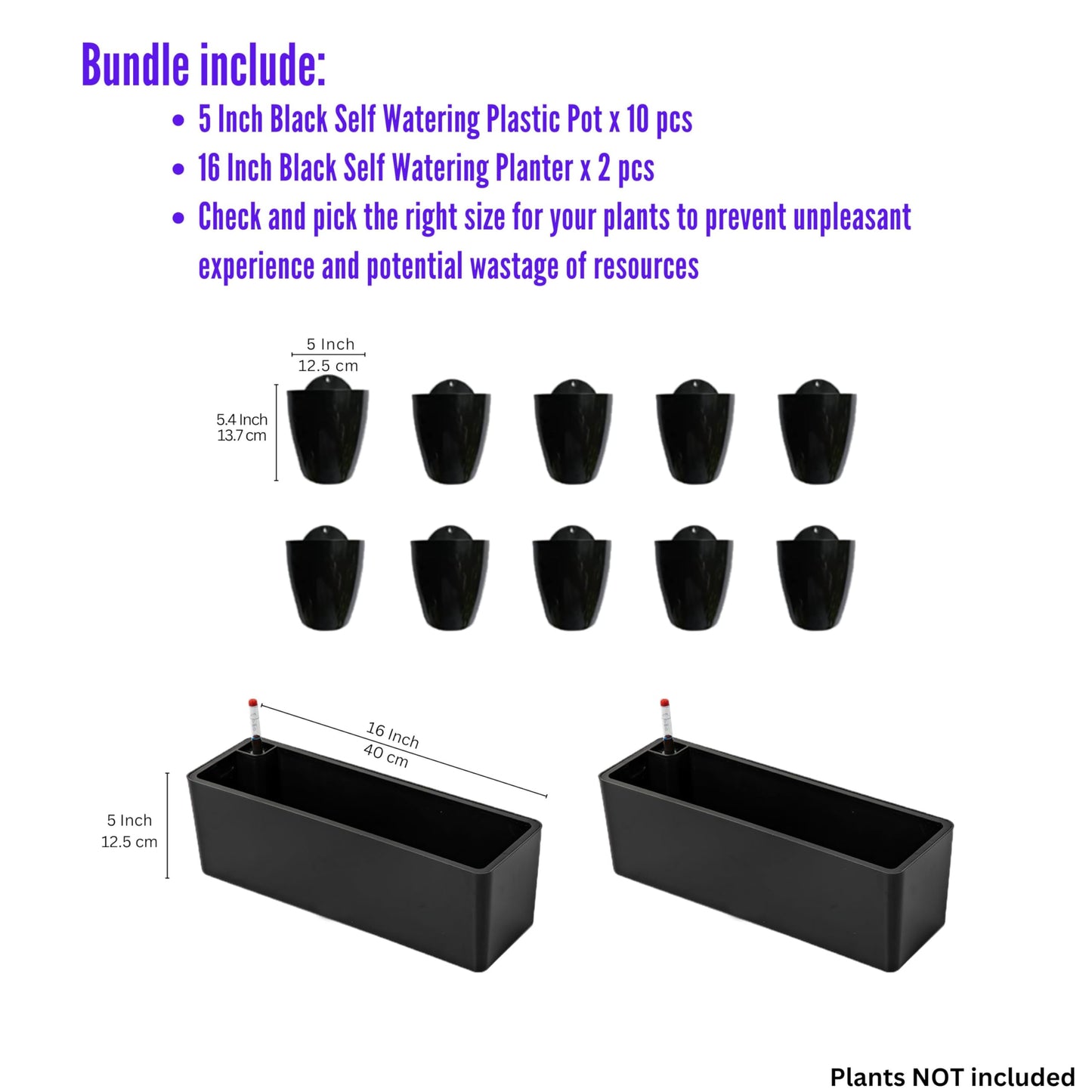LaLaGreen Bundle- 2-Pack, 16 Inch Rectangular Self Watering Planter + 10-Pack, 5 Inch Black Self Watering Plastic Pot Decorative Eco Living Wall Mount Hanging Garden Windowsill Herb Boxes Indoor Home