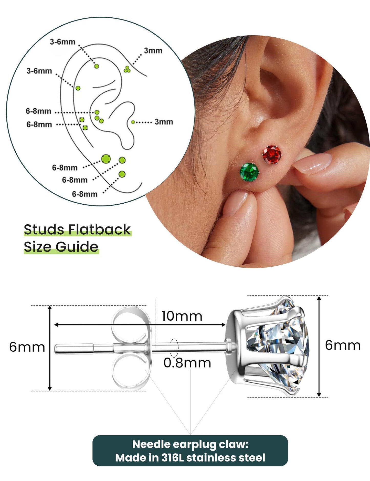 12 Pairs Hypoallergenic Surgical Steel Studs – 12-Color Cubic Zirconia Earrings for Women & Men"