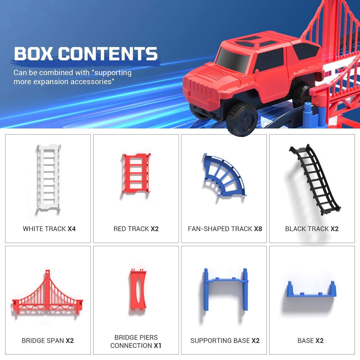 JOYBLI DIY Construction Race Track Set, 24 Pieces with Battery Powered Car,Bridge Building Track ，Assembly Track Builder Playset Gifts Toys for Boys Kids Age 6 7 8