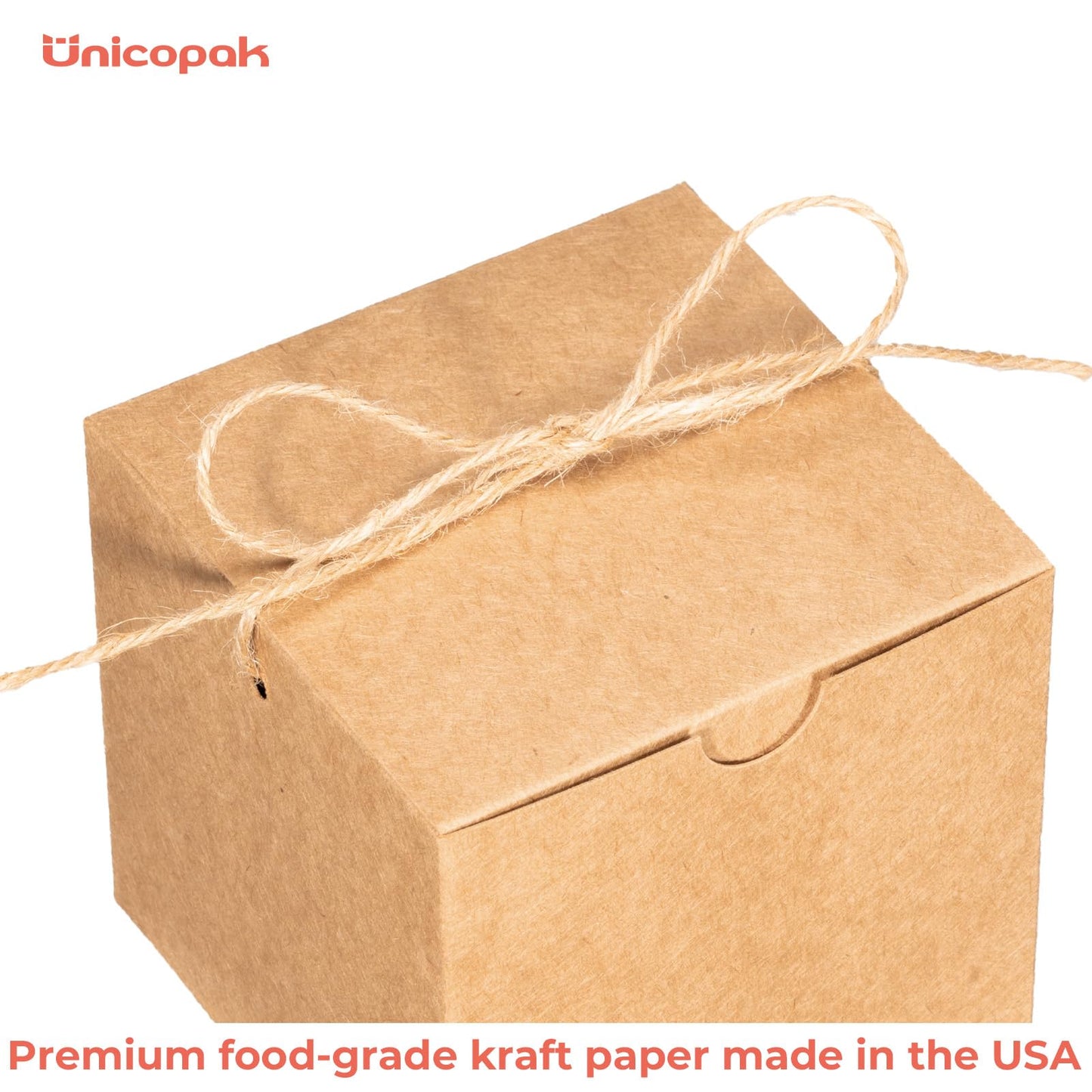 UnicoPak 30 Pack 4x4x4 Small Brown Gift Boxes with Lids & Twine - Premium USA Kraft Cardboard - Pop-Up Easy Assembly Gift Boxes for Presents, Candles, Mugs, Ornaments, Favors
