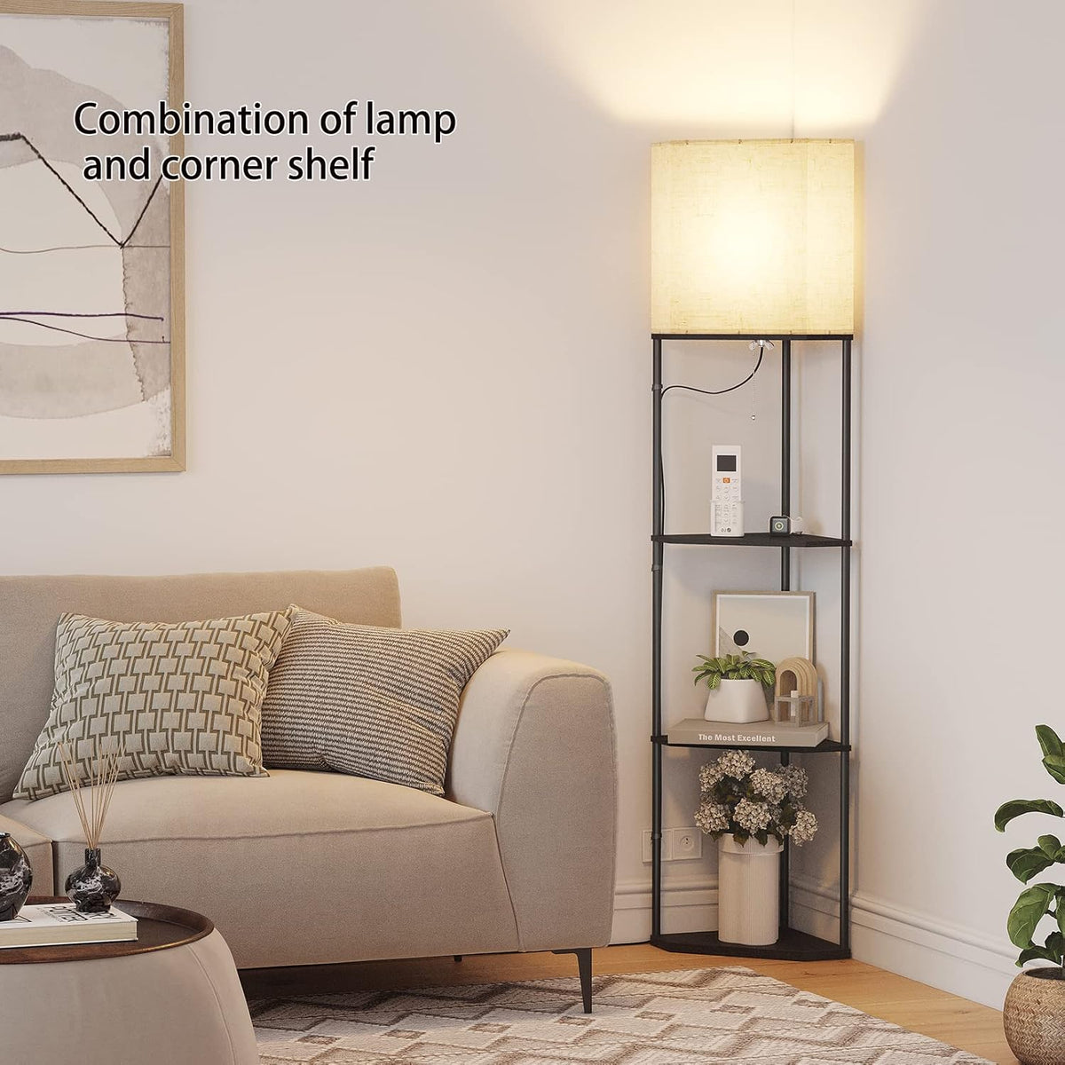 SUNMORY Sector Corner Shelf Lamp 3 Color Temperatures LED Bulb,Corner Lamps with Linen Lampshade, Floor Lamps for Living Room, Bedroom, Study, Black Standing Lamp with Shelves