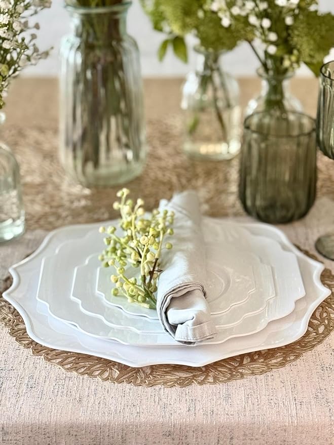 " OCCASIONS " 20 Pieces 13.25'' Scalloped Disposable/Reusable Plastic Charger Plates for Wedding, (Scalloped Imperial Plain White)
