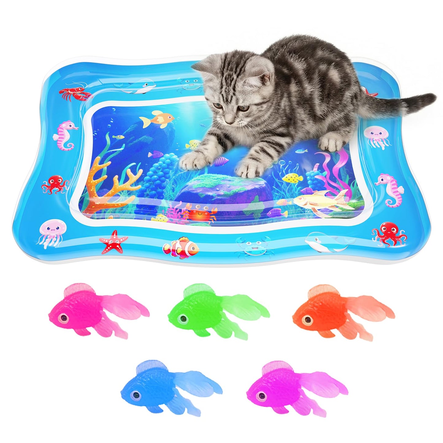 Aoioploa Cat Water Mat - Interactive Cat Toys Upgraded Thickened 0.7mm PVC Cooling & Heating Water Bed with Floating Fish, Anti-Scratch Leak Proof Foldable Water Sensor Play Mat for Cats