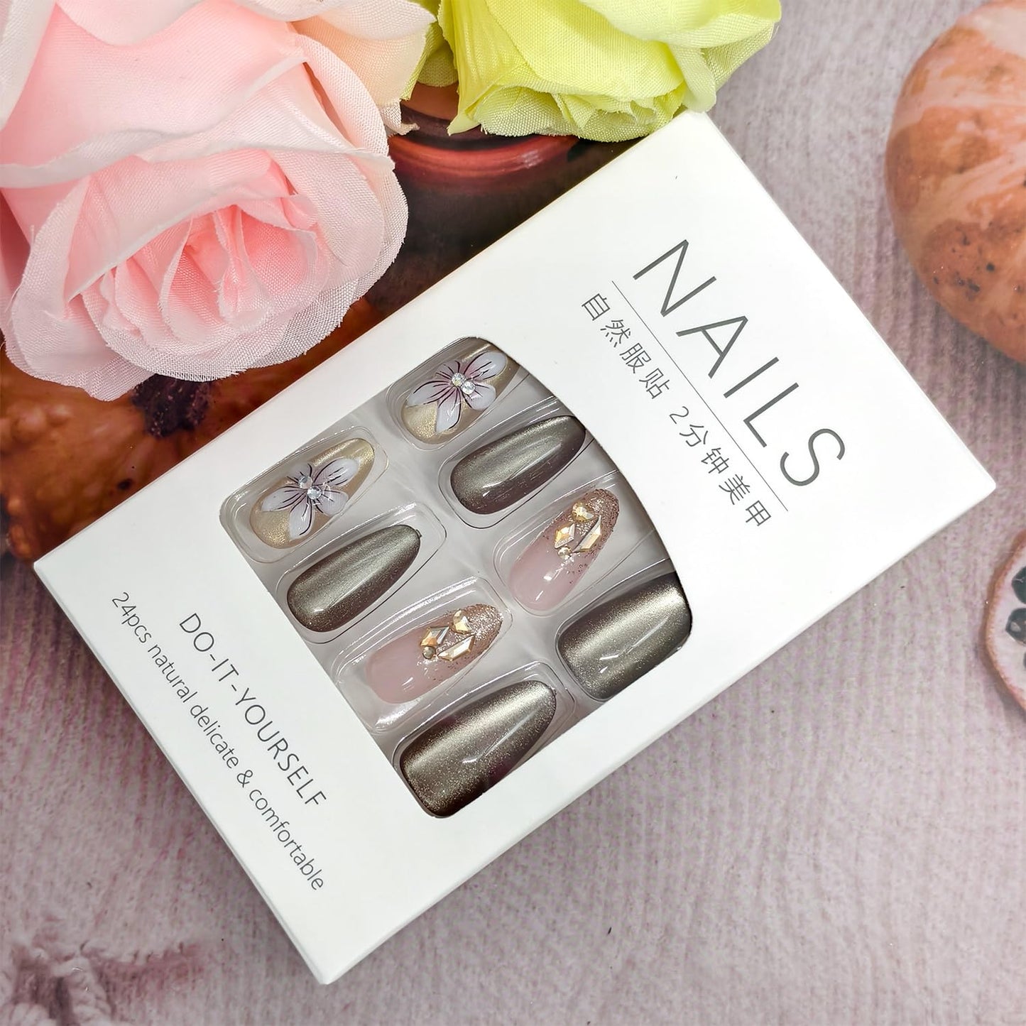30Pcs Flower Press on Nails Medium Almond Fake Nails Artificial Acrylic 3D Floral with Rhinestones Glitter Spring Design Full Cover Glossy Stick on Nail Artificial Fingernails for Women Manicure
