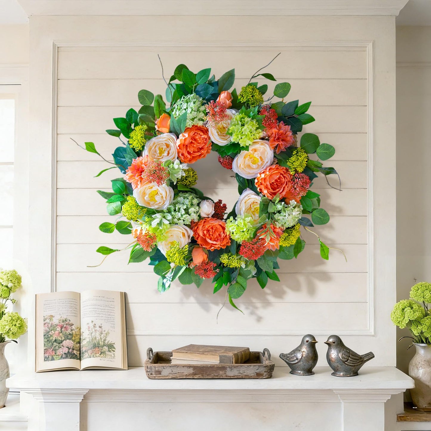 CHvista Spring Wreaths for Front Door Outside 24 Inch Luxury Summer Wreath with White Rose Flowers,Pink Dahlia & Green Hydrangeas,Lush Greenery Spring Front Door Wreath for Home,Wall,Porch Decor