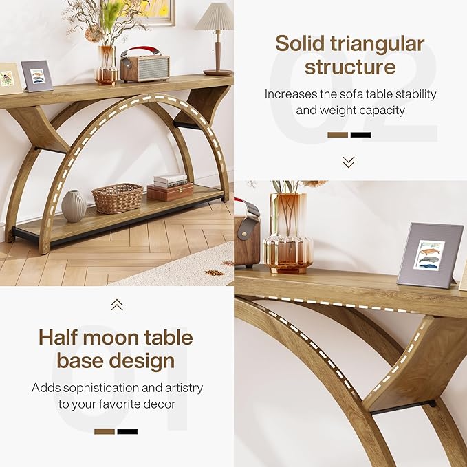 Tribesigns 70.87" Console Table with Storage Shelf, Narrow Long Sofa Table Behind Couch Table, 2-Tier Rustic Entryway Table with Half Moon Frame for Hallway Living Room, Gray & Black (Light Brown)