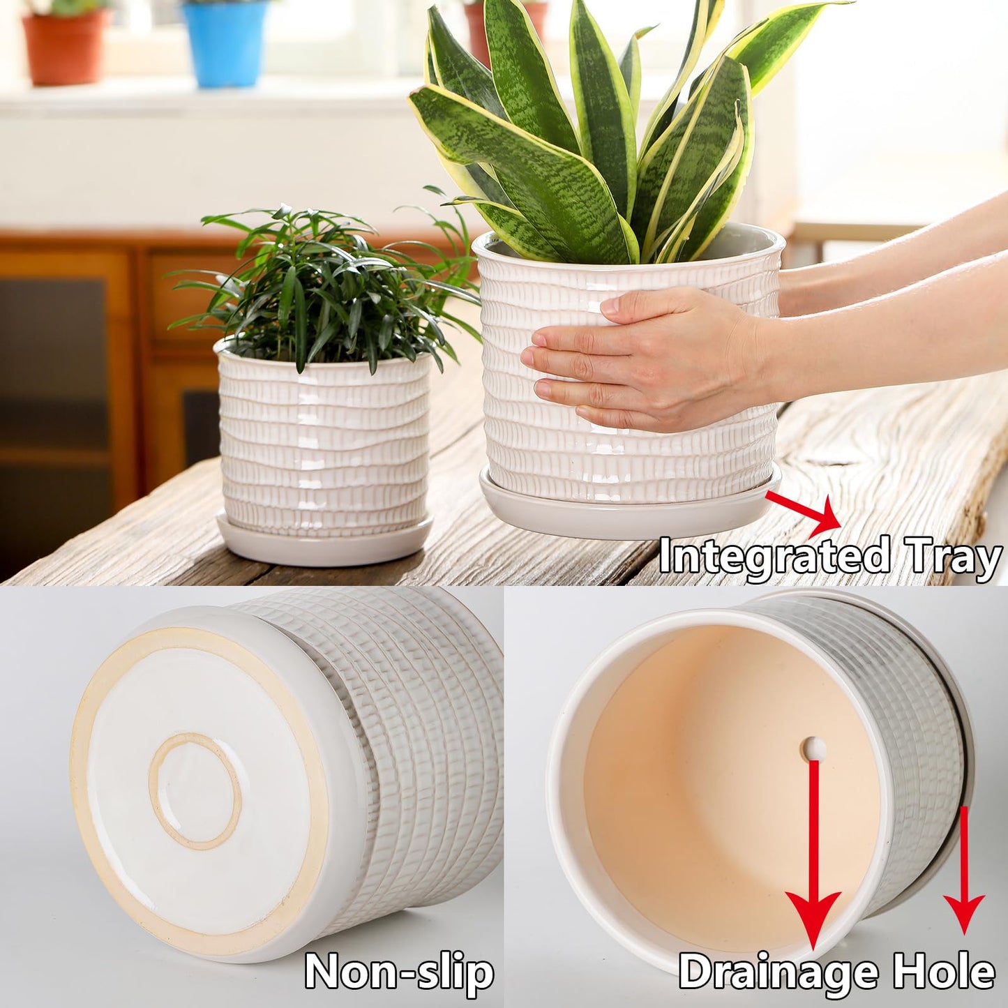 Chubacoo 5.8 Inch Plant Pot: Ceramic Planter with Drainage Hole & Saucer for Indoor Outdoor Plants - Flowerpot with Bonded Tray for Home Office - Wave Embossed