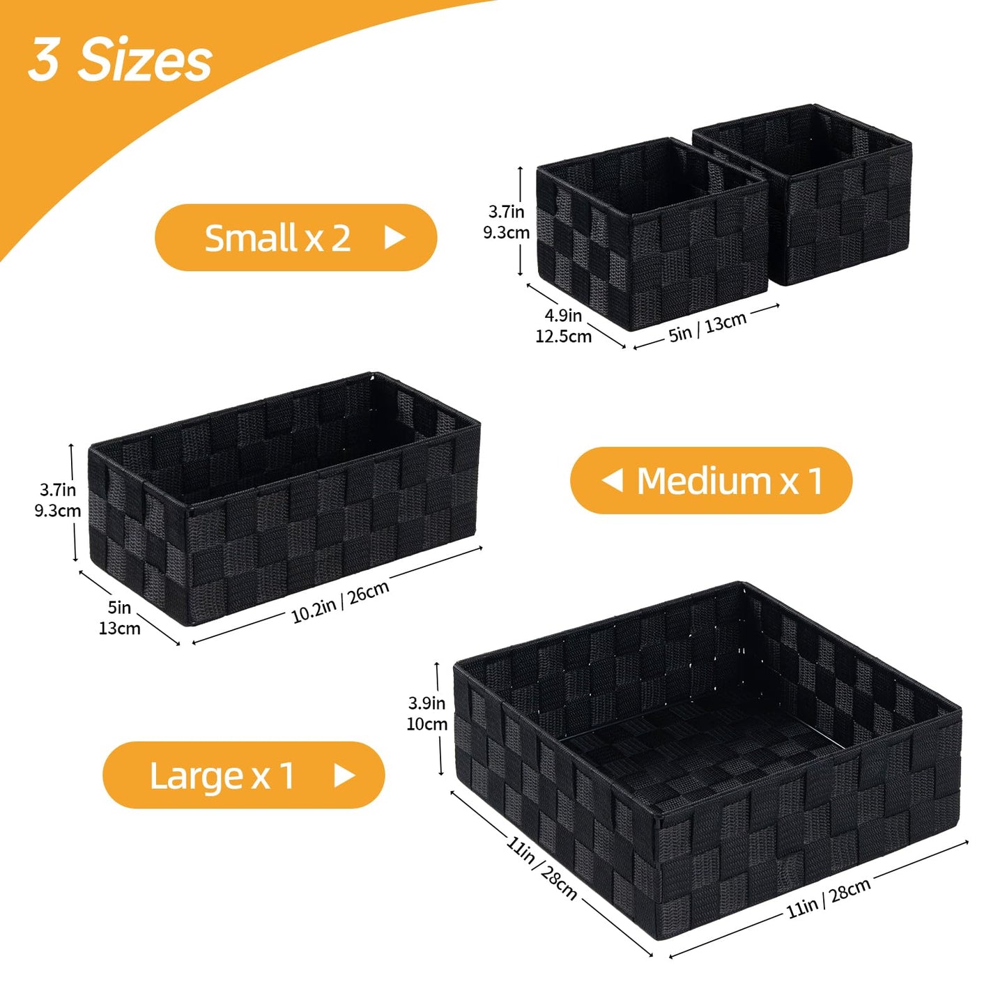 Posprica Small Black Baskets Cube Bin Container Tote,Woven Storage Baskets for Organizing Organizer Divider for Drawer, Closet, Shelf, Dresser, Set of 4
