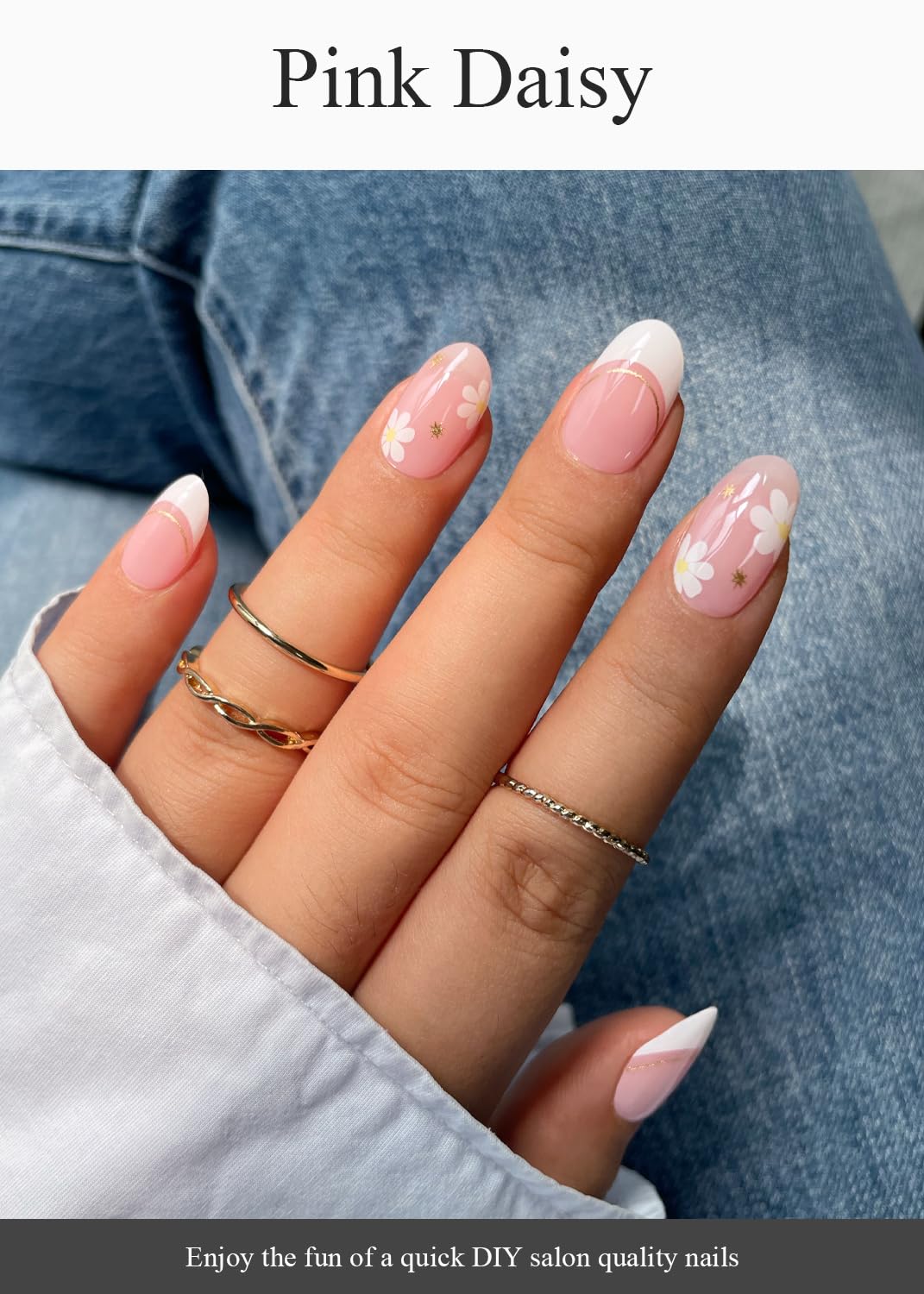 AutyaMee Semi Cured Gel Nail Strips (Pink Daisy), French, 20 Pcs Gel Nail Wraps, Stickers, UV Light Required, Salon Quality, Long Lasting